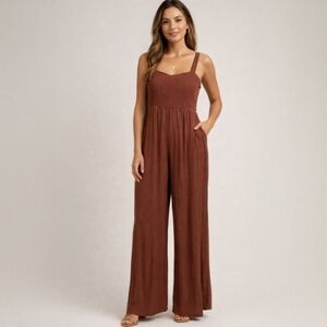 Jumper Smocked Wide Leg Jumpsuit Brown Boho Summer Romper Pockets Size Large